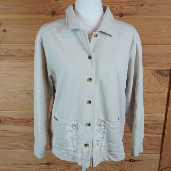 L.L.Bean Beige Button Up Sweater Jacket Crochet Detail on Pockets Size Large - Picture 1 of 10